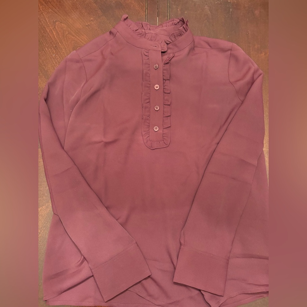 LOFT Burgandy Ruffle Front Blouse